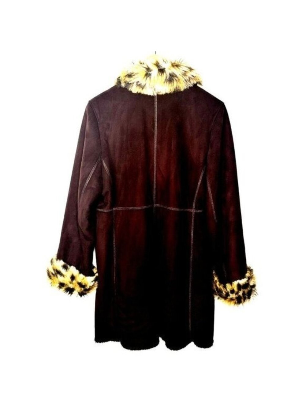 Vintage Novelti Mobwife Coat Womens S Brown Y2K Faux Suede Leopard Fur Trim - Picture 3 of 14